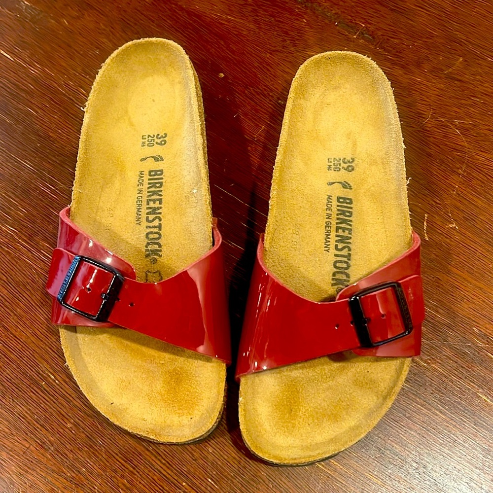 Birkenstock Madrid red patent slides women’s size 39.